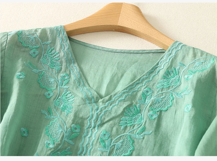 Casual V-Neck Shirt with Delicate Embroidery Details
