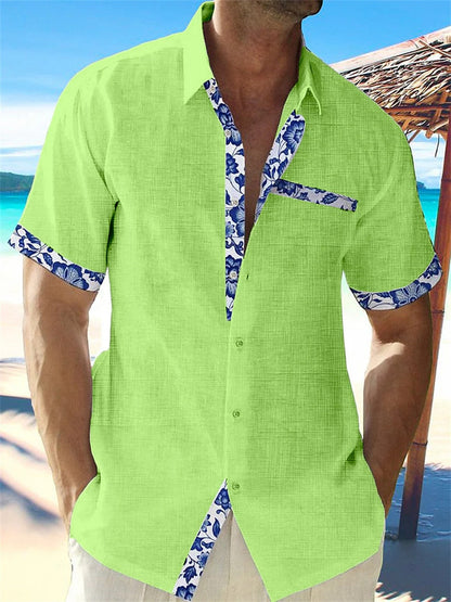 Casual Short Sleeve Mens Shirt with Floral Trim