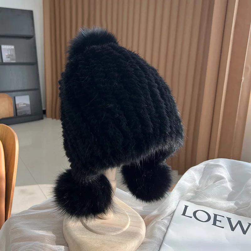 Warm Winter Beanie Hat with Pom Poms