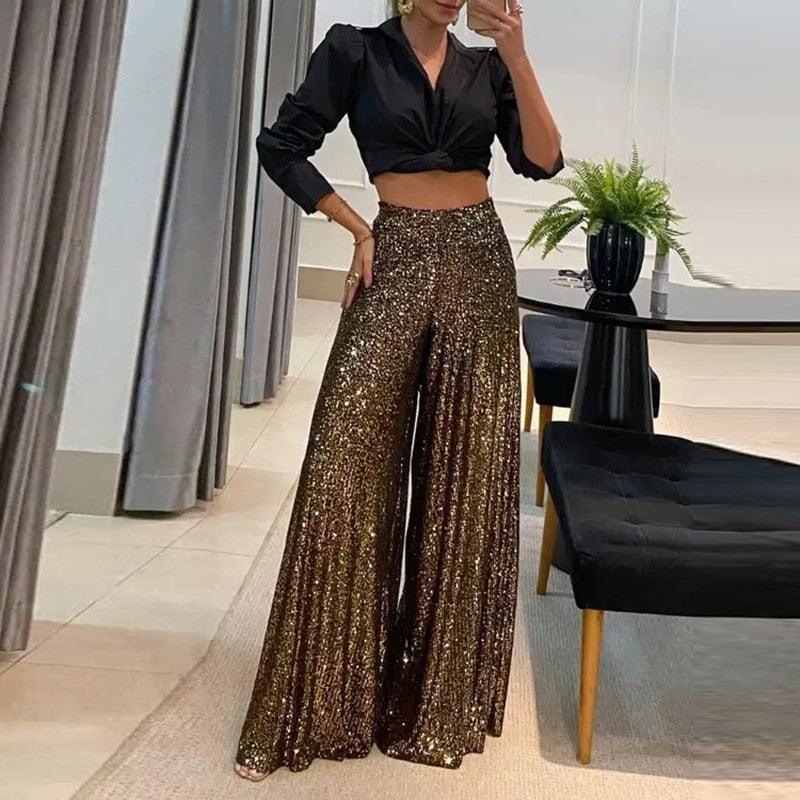 Sparkly Wide Leg Women's High Waist Pants