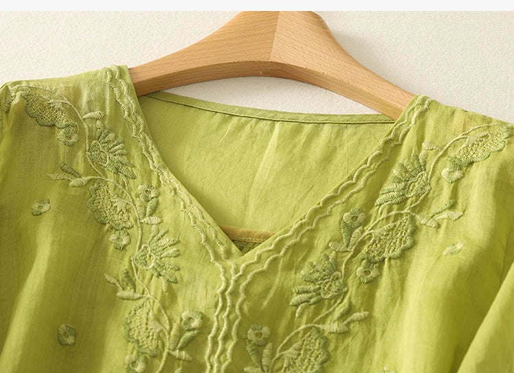 Casual V-Neck Shirt with Delicate Embroidery Details