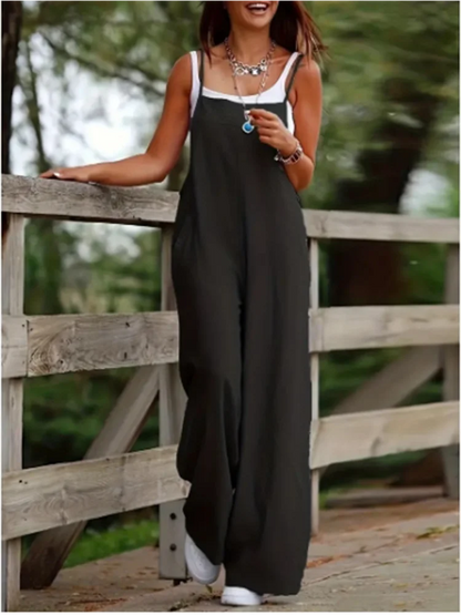 Loose Fit Women's Jumpsuit with Wide Legs and V-Neck