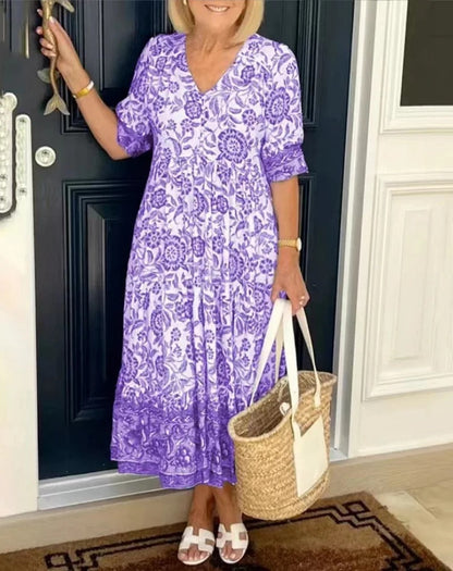 Ladies' Pretty Floral Neckline Mid Length Dress