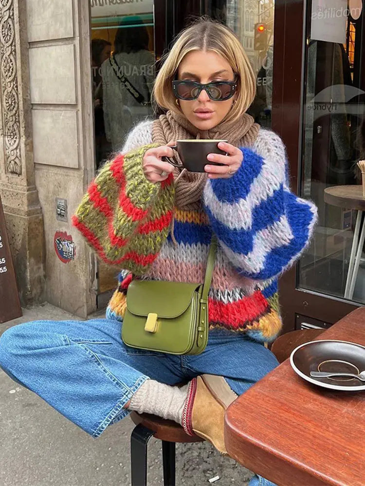 Colorful Striped Crew Neck Knit Women's Sweater