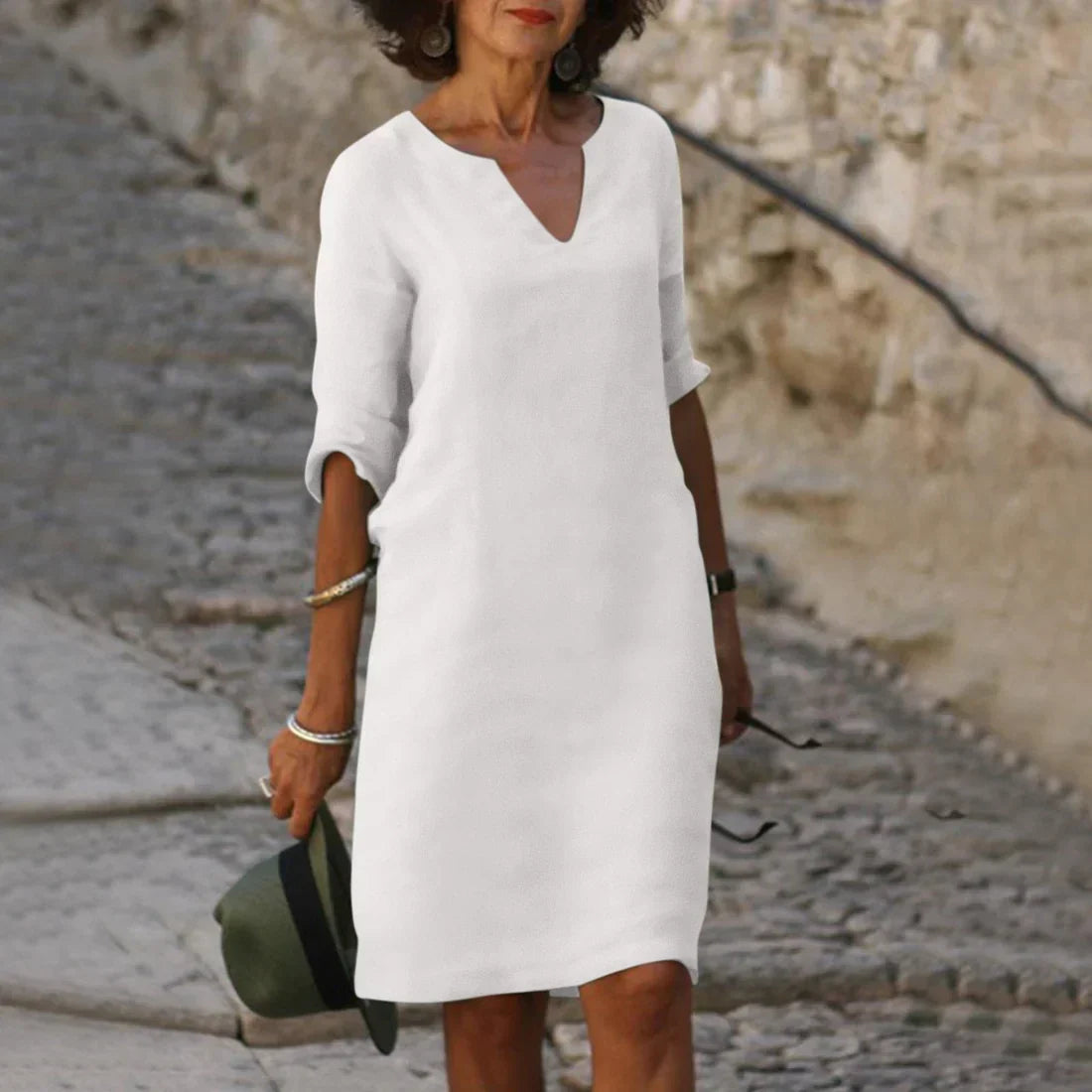 Relaxed Fit V-Neck Short Sleeve Dress for Women