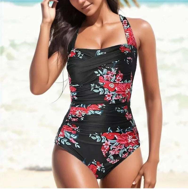 Women's Floral Monokini Swimsuit Slim Fit Halterneck - Nocini