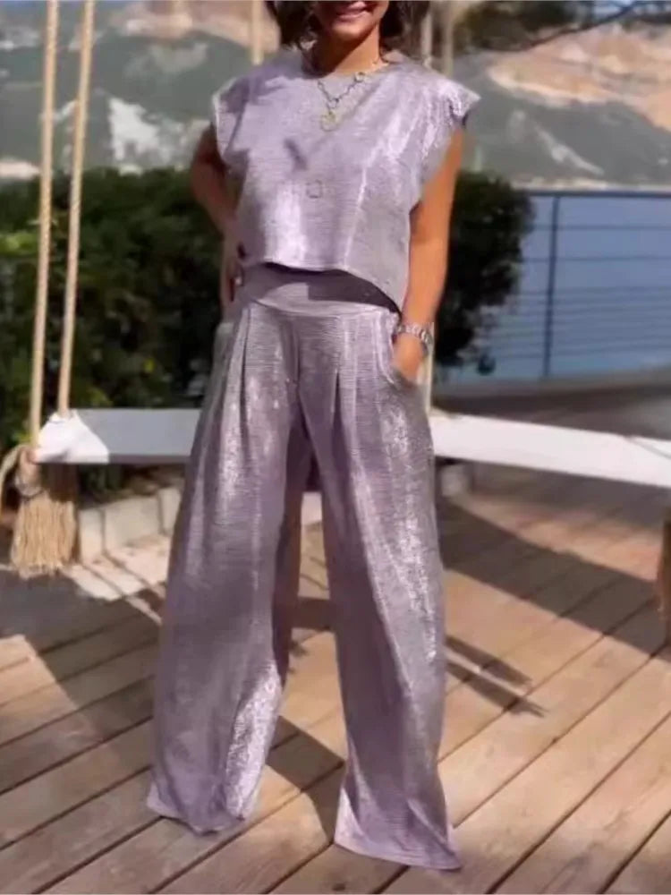Ladies' 2-Piece - Sleeveless Crop Top & Wide Leg Pants