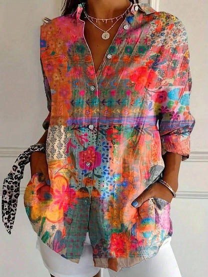 Colorful Button Down Shirt for Women with Rolled Sleeves