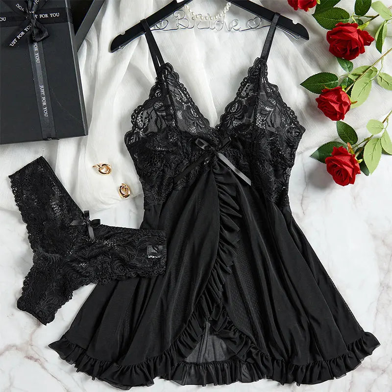 Ladies Soft Lace Trim Pajama Set