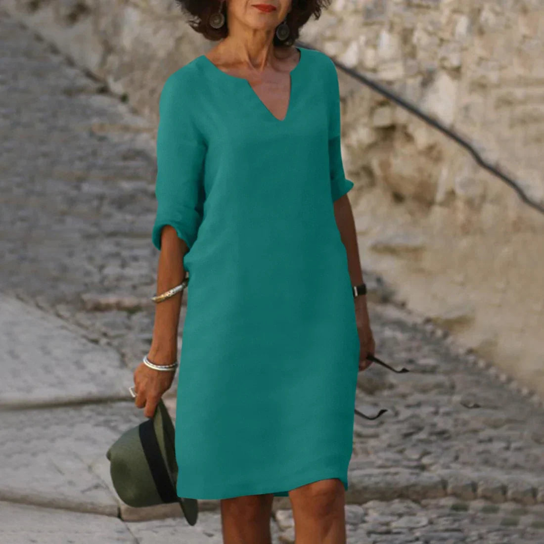 Relaxed Fit V-Neck Short Sleeve Dress for Women - Nocini