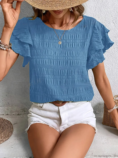 Airy V-Neck Blouse with Cute Fluffy Trim