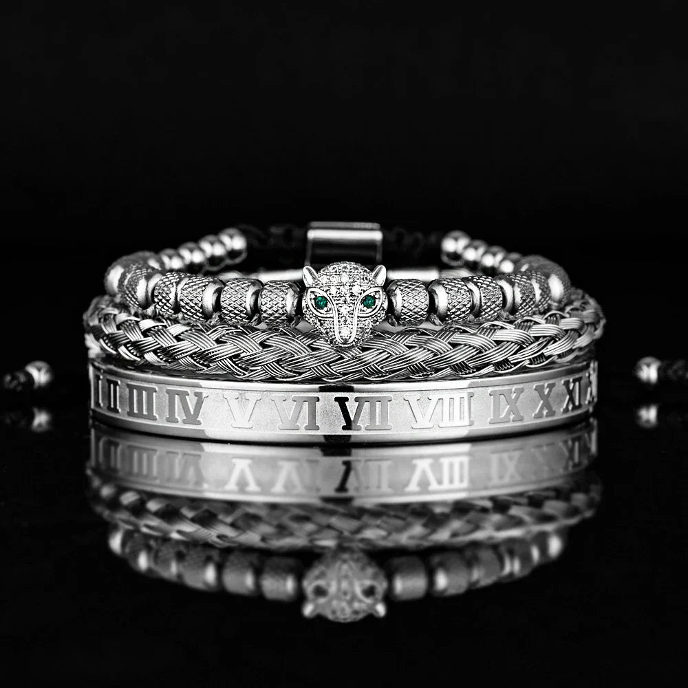 Glittering Panther Charm Beaded Cuff Bracelet Set