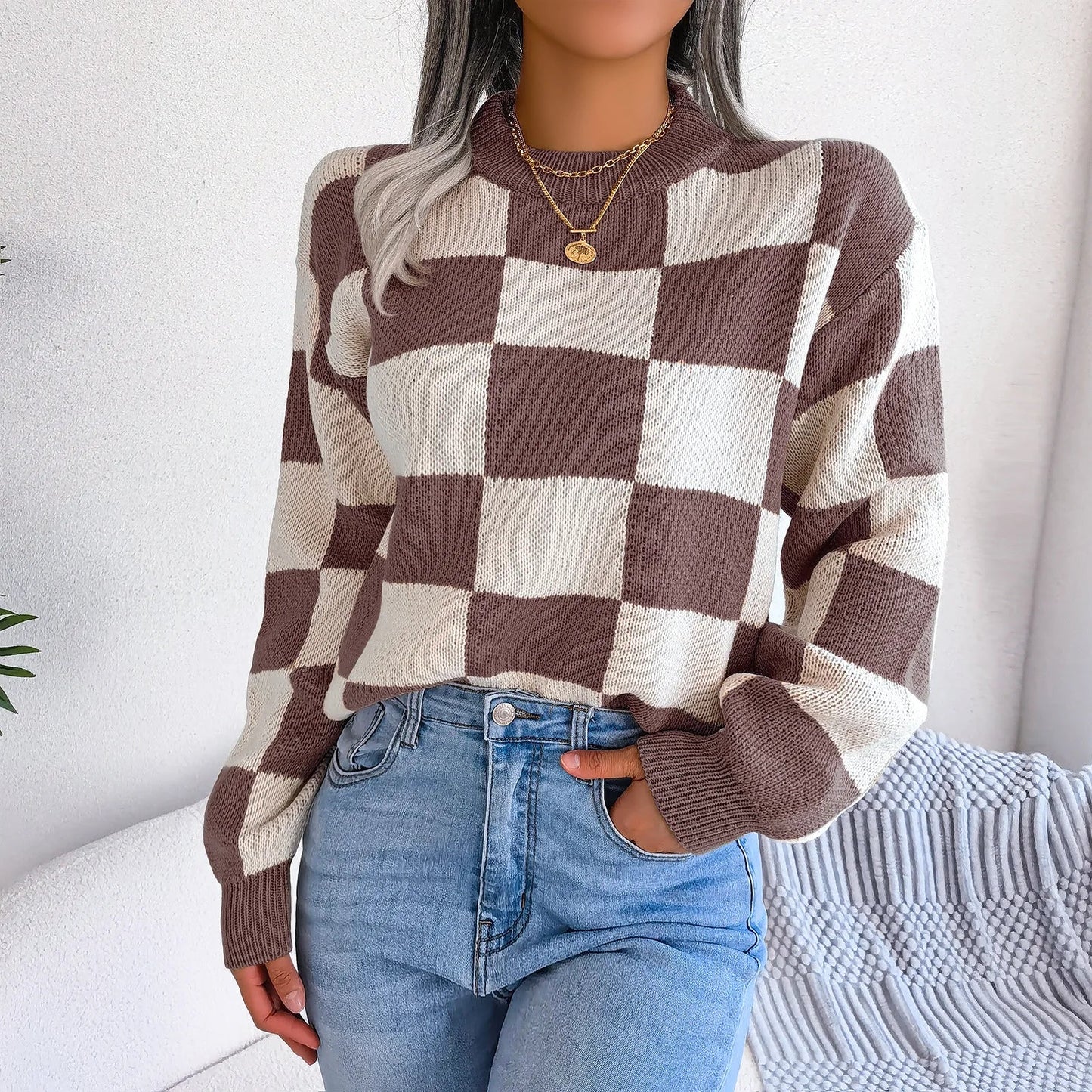 Purple Plaid Crew Neck Sweater