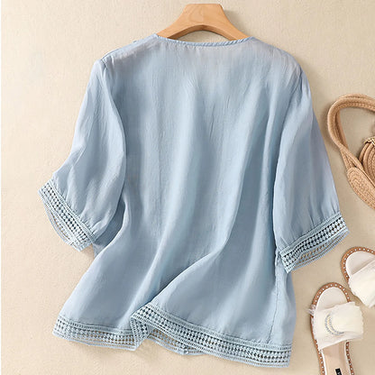 Casual Lace Trim Button Down Women's Blouse