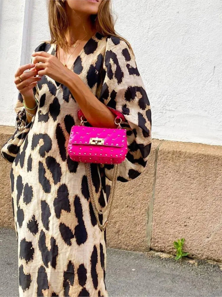 Casual V Neck Midi Dress with Loose Fit Sleeves