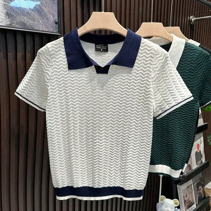 Casual Short Sleeve Polo Shirt with Colorful Zig Zag Design