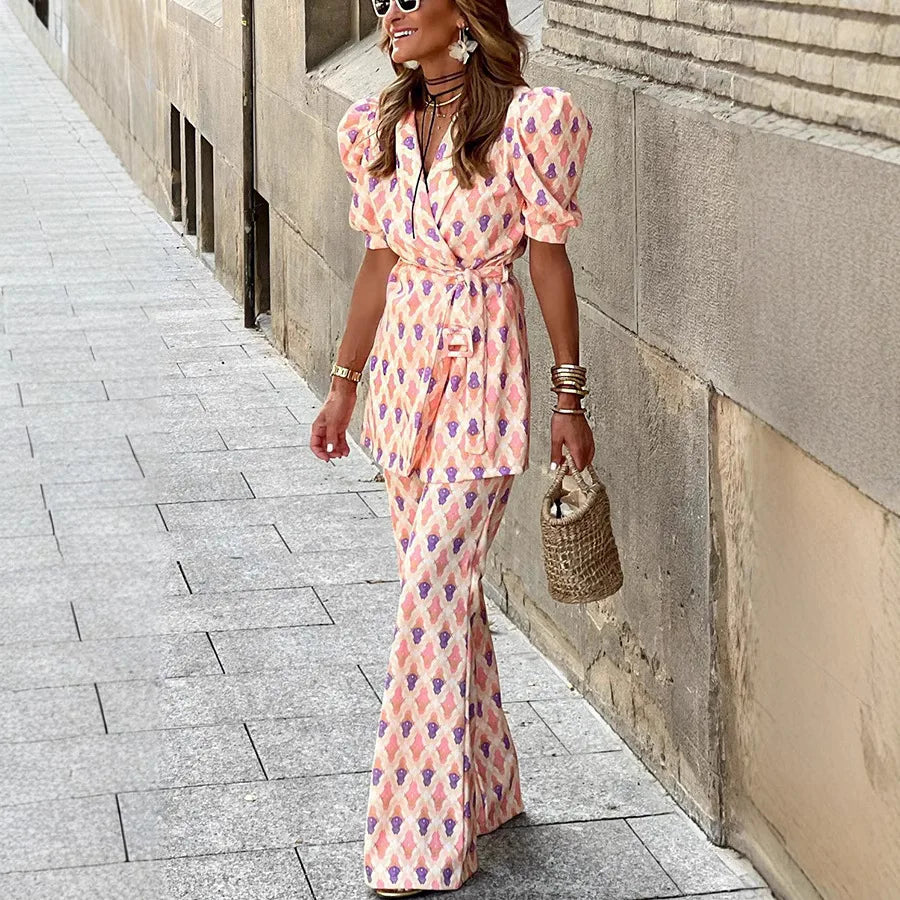 Ladies' Outfit - V-Neck Top with Puffy Sleeves and High-Waisted Trousers