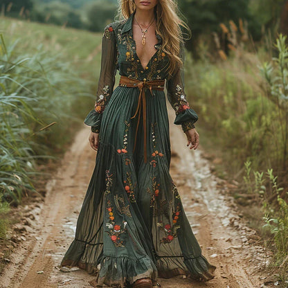 Ladies Flowy Floral Long Dress with V-Neck and Belted Waist - Nocini
