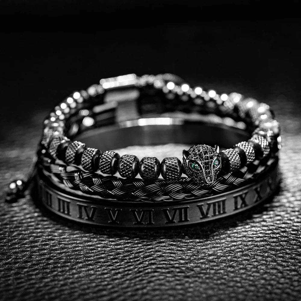 Glittering Panther Charm Beaded Cuff Bracelet Set