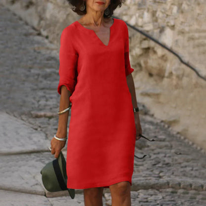 Relaxed Fit V-Neck Short Sleeve Dress for Women