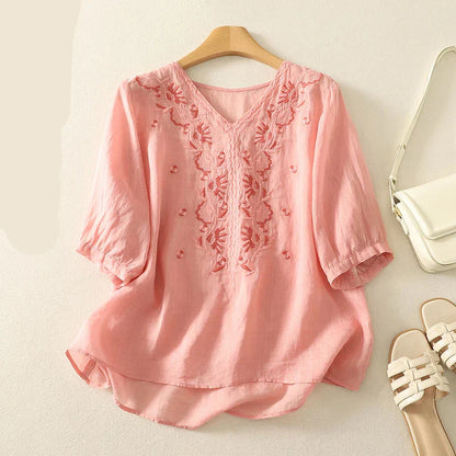 Casual V-Neck Shirt with Delicate Embroidery Details