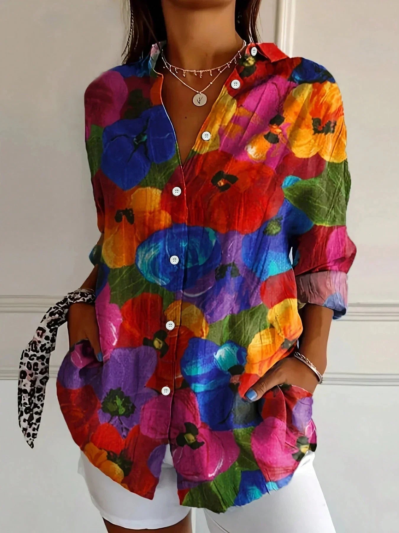 Colorful Button Down Shirt for Women with Rolled Sleeves