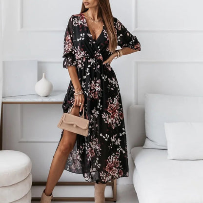 Flowy V Neck Long Dress with Elastic Waist