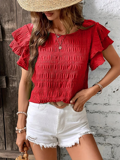 Airy V-Neck Blouse with Cute Fluffy Trim