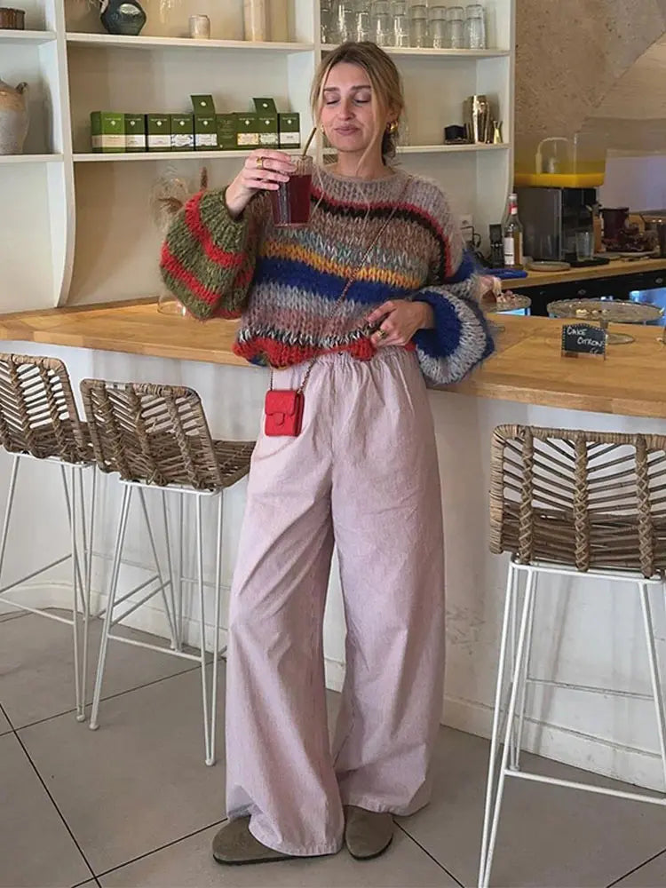 Colorful Striped Crew Neck Knit Women's Sweater
