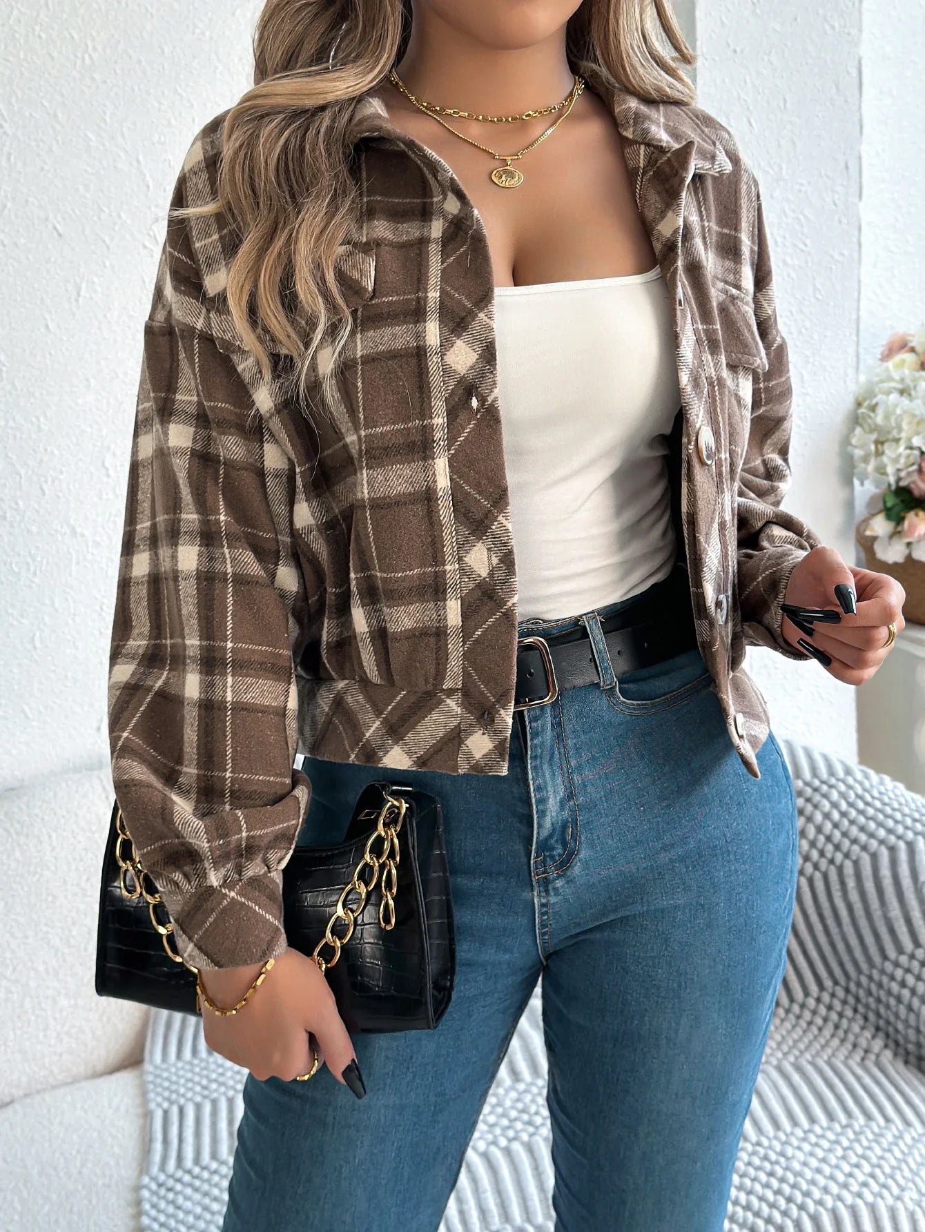 Short Plaid Denim Jacket