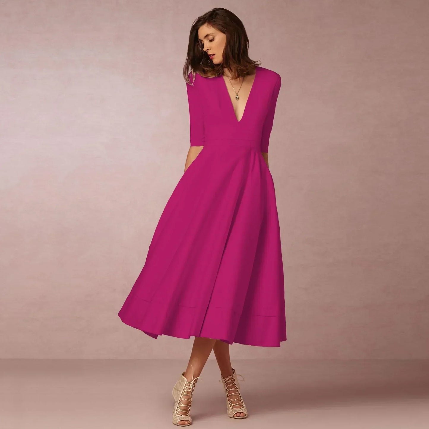 Women's Classic V Neck Midi Dress with Flare Skirt