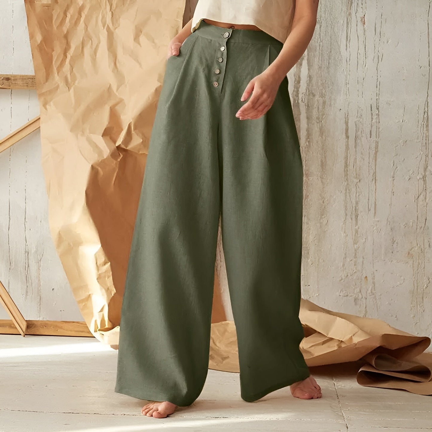 Green High-Waisted Wide Leg Pants