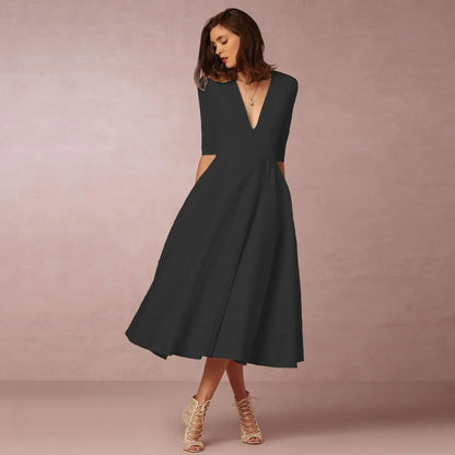 Women's Classic V Neck Midi Dress with Flare Skirt