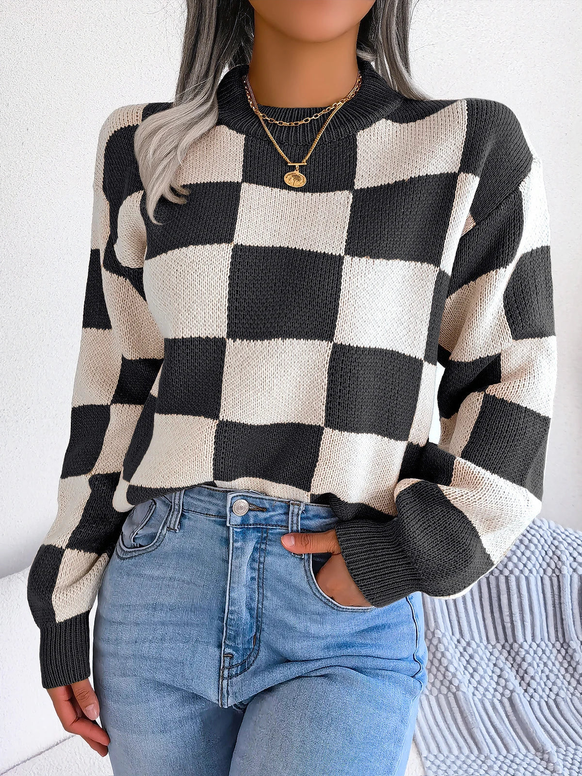 Purple Plaid Knit Sweater for Women