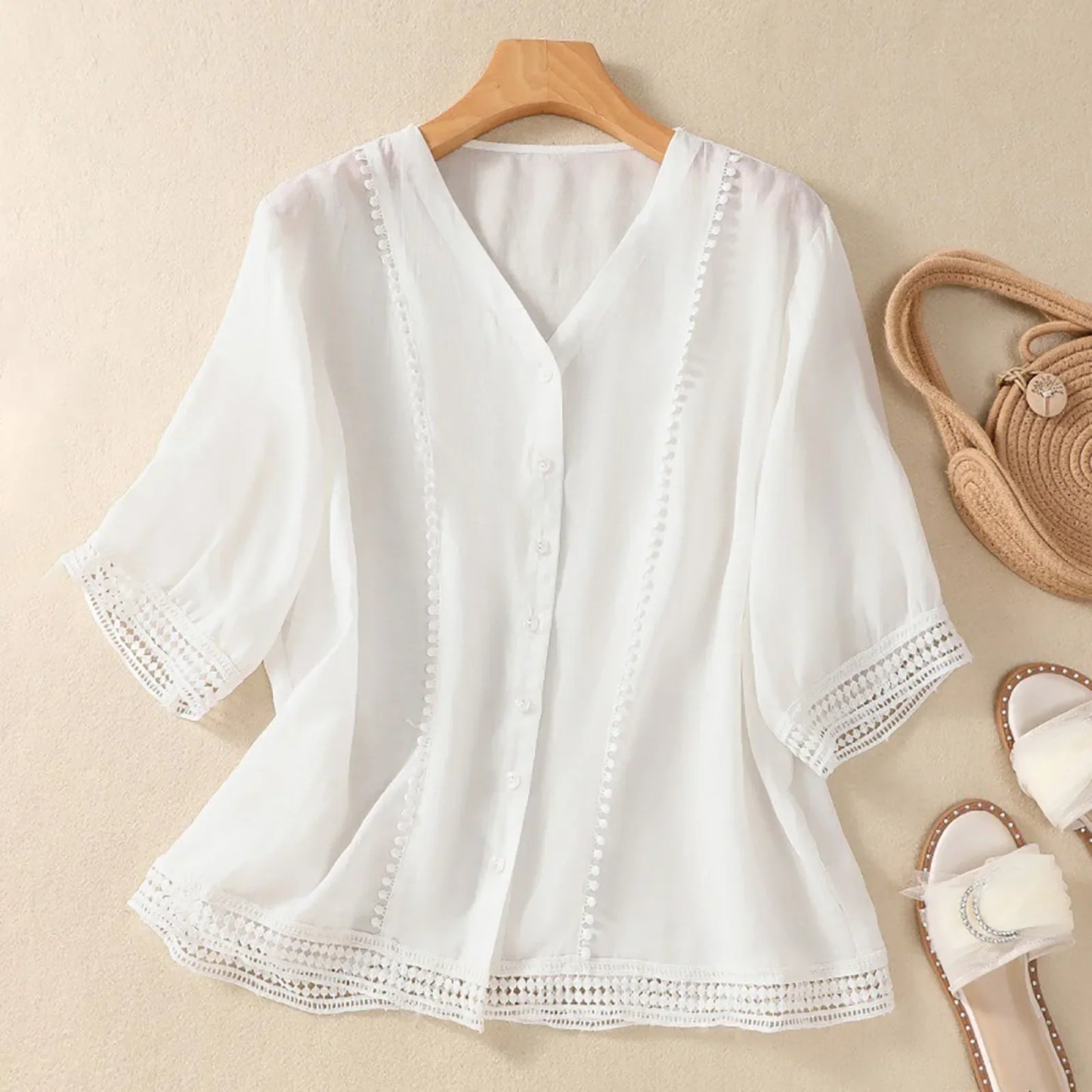 Casual Lace Trim Button Down Women's Blouse