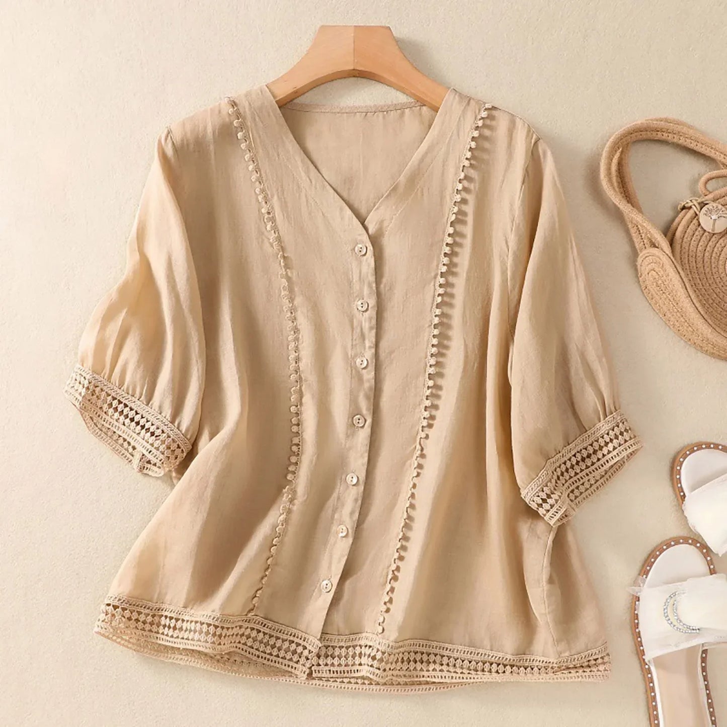 Casual Lace Trim Button Down Women's Blouse