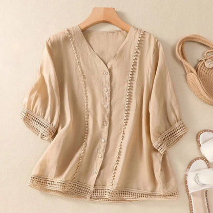 Casual Lace Trim Button Down Women's Blouse