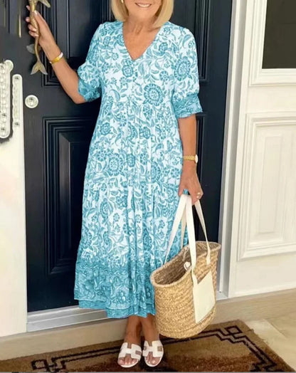 Ladies' Pretty Floral Neckline Mid Length Dress