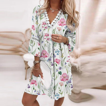 Comfortable V-Neck Floral Dress with Lace