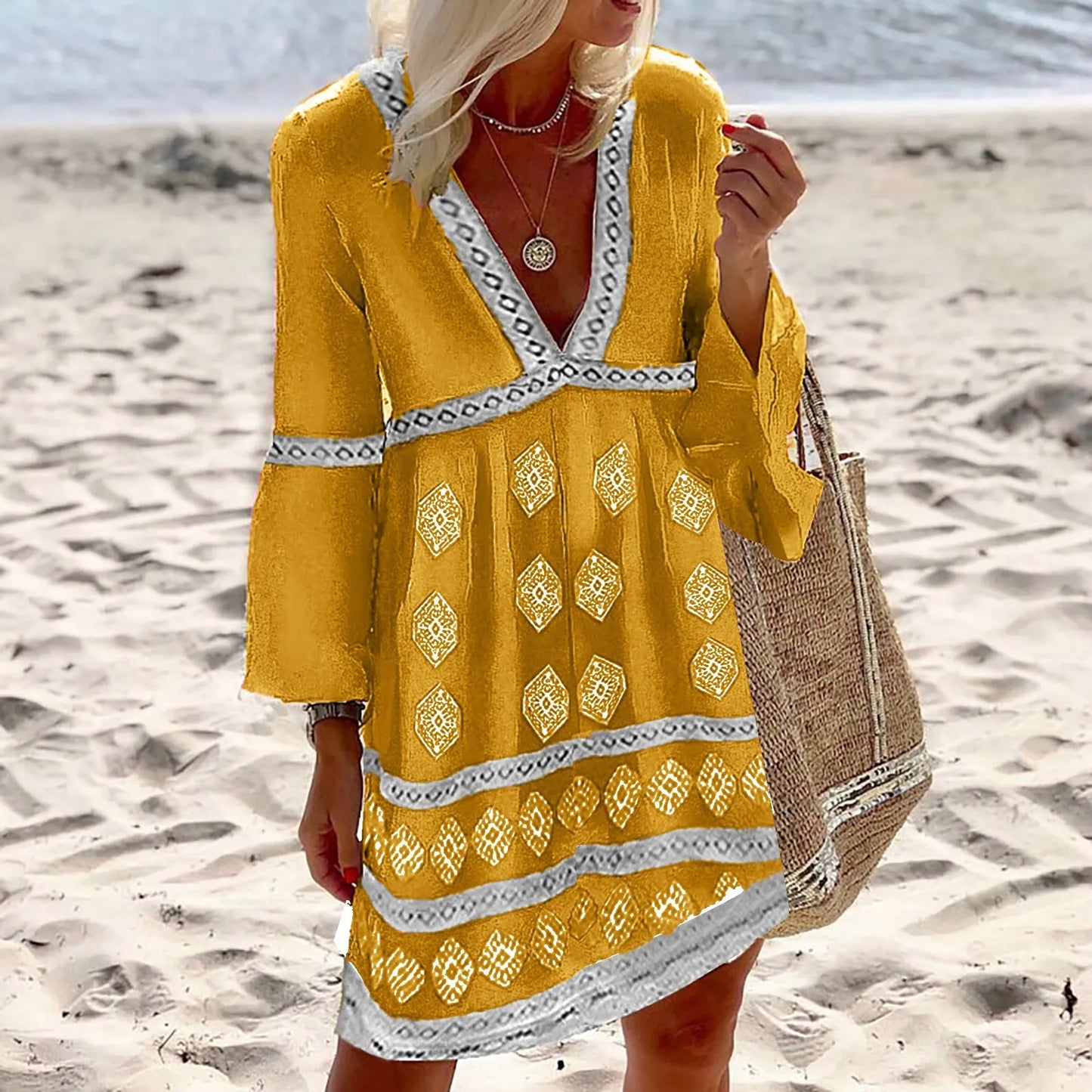 Relaxed Fit V Neck Summer Dress with Ruffles