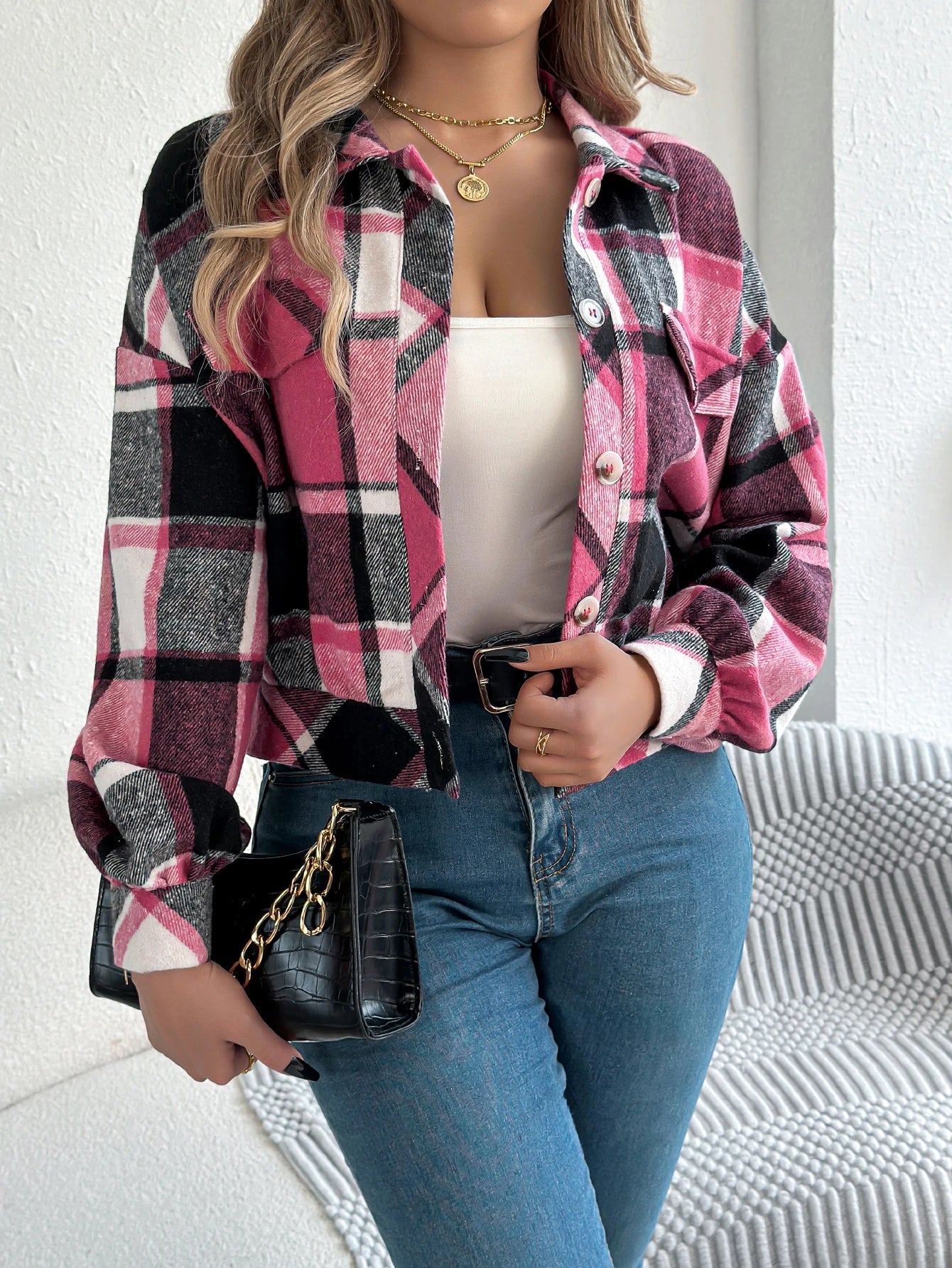 Short Plaid Denim Jacket