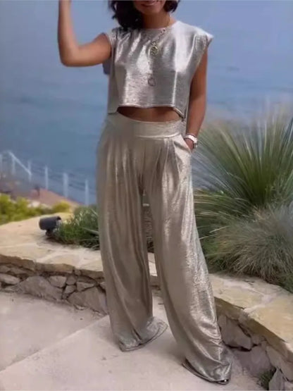 Ladies' 2-Piece - Sleeveless Crop Top & Wide Leg Pants