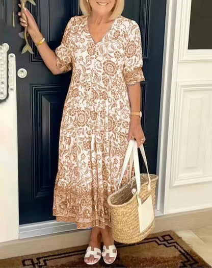 Ladies' Pretty Floral Neckline Mid Length Dress