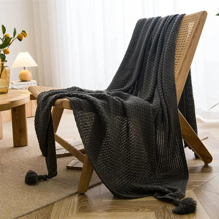 Scandinavian Bamboo Knit Throw Blanket With Tasseled Edges