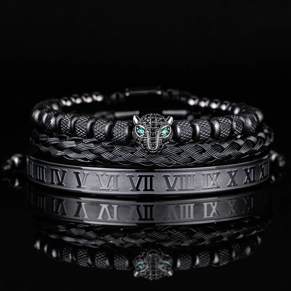 Glittering Panther Charm Beaded Cuff Bracelet Set