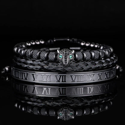 Glittering Panther Charm Beaded Cuff Bracelet Set
