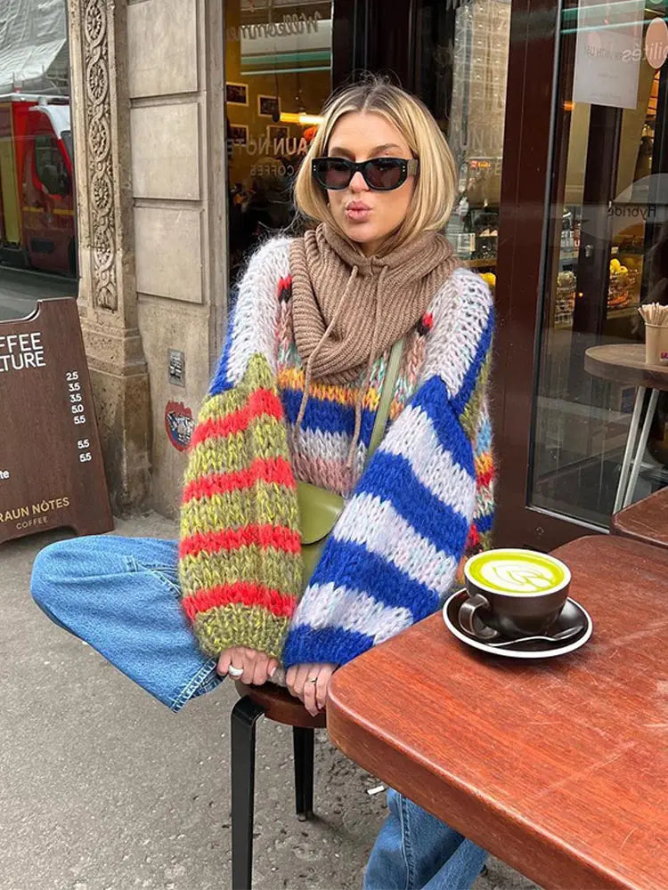 Colorful Striped Crew Neck Knit Women's Sweater