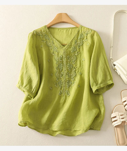 Casual V-Neck Shirt with Delicate Embroidery Details