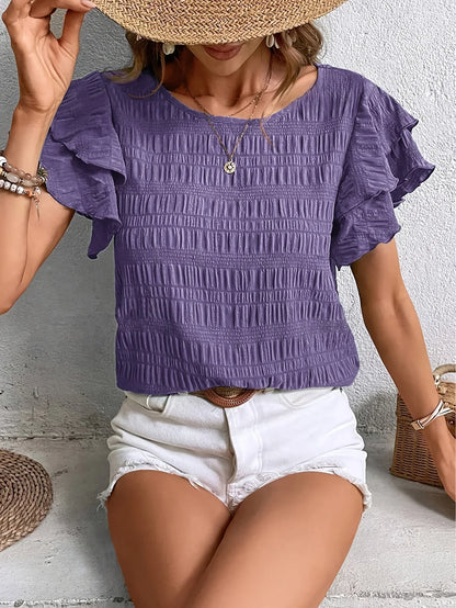 Airy V-Neck Blouse with Cute Fluffy Trim