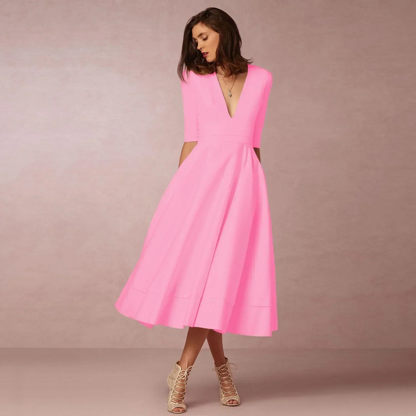 Women's Classic V Neck Midi Dress with Flare Skirt